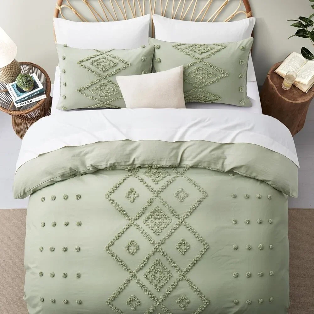 3PC QUEEN KING DUVET SET Sage Green Boho Cottage Tufted Duvet & Pillowcases